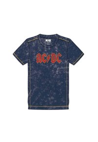 Navy blue T-shirt with a textured pattern, short sleeves, and yellow stitching. Features a prominent red AC/DC logo on the front.