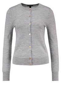 Šedý vlněný cardigan s dlouhými rukávy, kulatým výstřihem a zlatými knoflíky vpředu. Obsahuje texturovaný pletený vzor a přiléhavý střih.