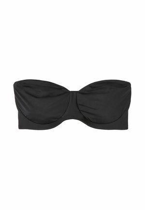 Top de bikini negro con diseño sin tirantes, copas acolchadas, tejido suave y textura lisa. Presenta una forma contorneada sin embellishments.