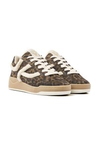 Leopard-print sneakers featuring suede material, cream faux fur detailing, flat white laces, and a beige rubber sole.