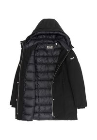 Zwarte geïsoleerde jas met een afneembare capuchon, ritssluiting en een gladde voering. Voorzien van doorgestikte details aan de binnenzijde en logo's op de mouwen.