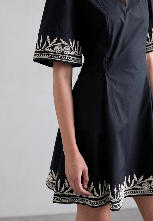 slim fit dress slacks MONSOON BLACK FLORAL PRINT GOLD SEQUIN TRIM SHIFT DRESS SIZE 14 – Whispers  Dress Agency main image 0