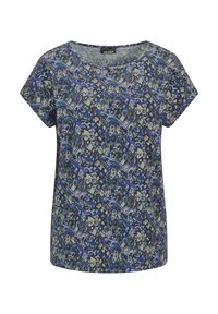 Top à manches courtes avec un motif abstrait bleu, vert et crème, col rond et coupe décontractée. Fabriqué en tissu doux et respirant.