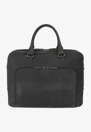 Black leather briefcase with dual top handles, zip closure, front pocket, rectangular shape, and matte texture. Minimalist design with silver hardware.