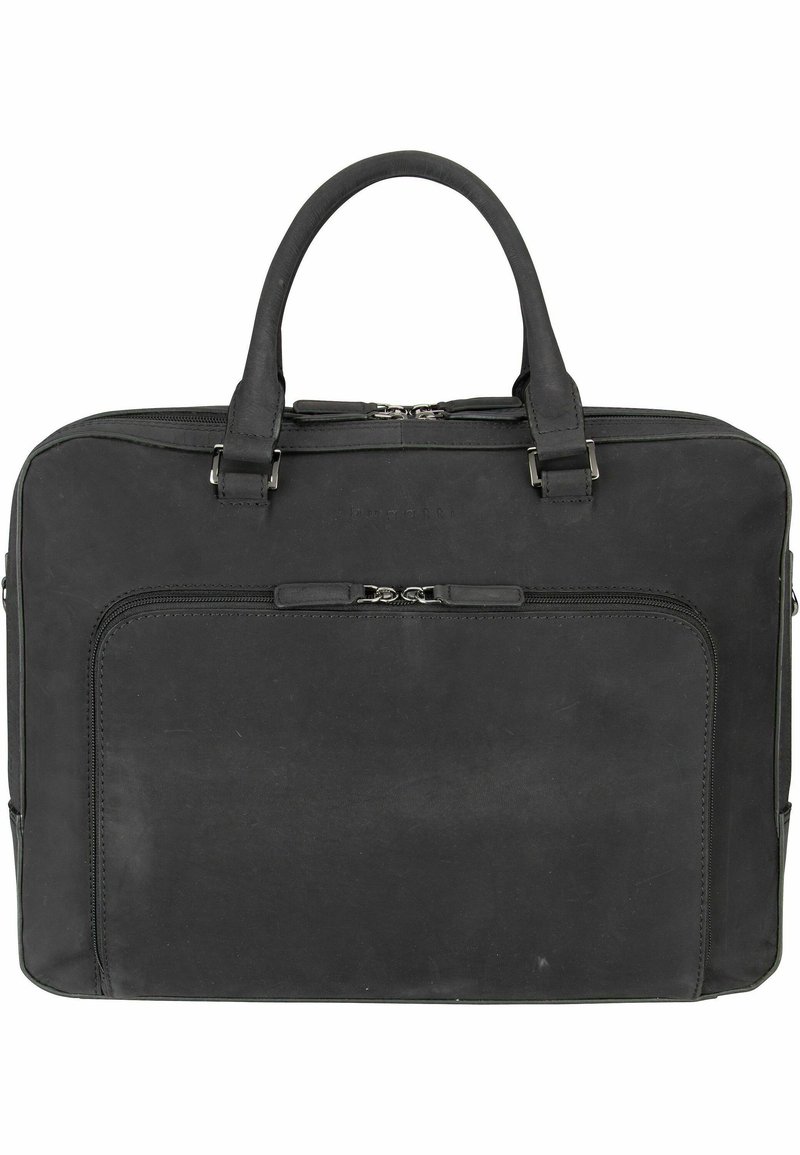 Zwarte leren laptoptas met dubbele handvatten aan de bovenkant, ritsluiting, voorvak, rechthoekige vorm en matte textuur. Minimalistisch ontwerp met zilveren hardware.