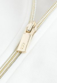 Valkoinen kangas, jossa on kultainen vetoketju, jonka suorakaiteen muotoinen vetonuppi on merkitty kirjaimella "B". Vetoketjun hampaat ovat tiheästi sijoitetut ja kiiltävät.