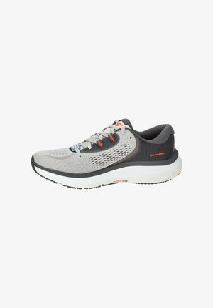 Lightweight athletic shoe featuring a gray mesh upper with black accents, a cushioned white sole, and red detailing on the heel and laces.