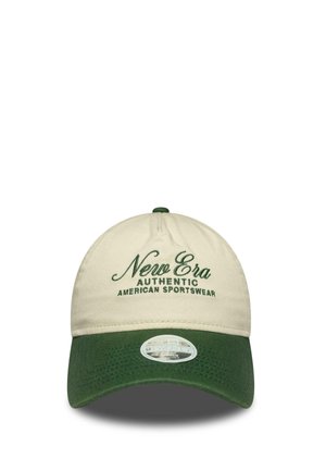 Beige and green baseball cap with "New Era Authentic American Sportswear" embroidered in green on front and a sticker on the green brim.
