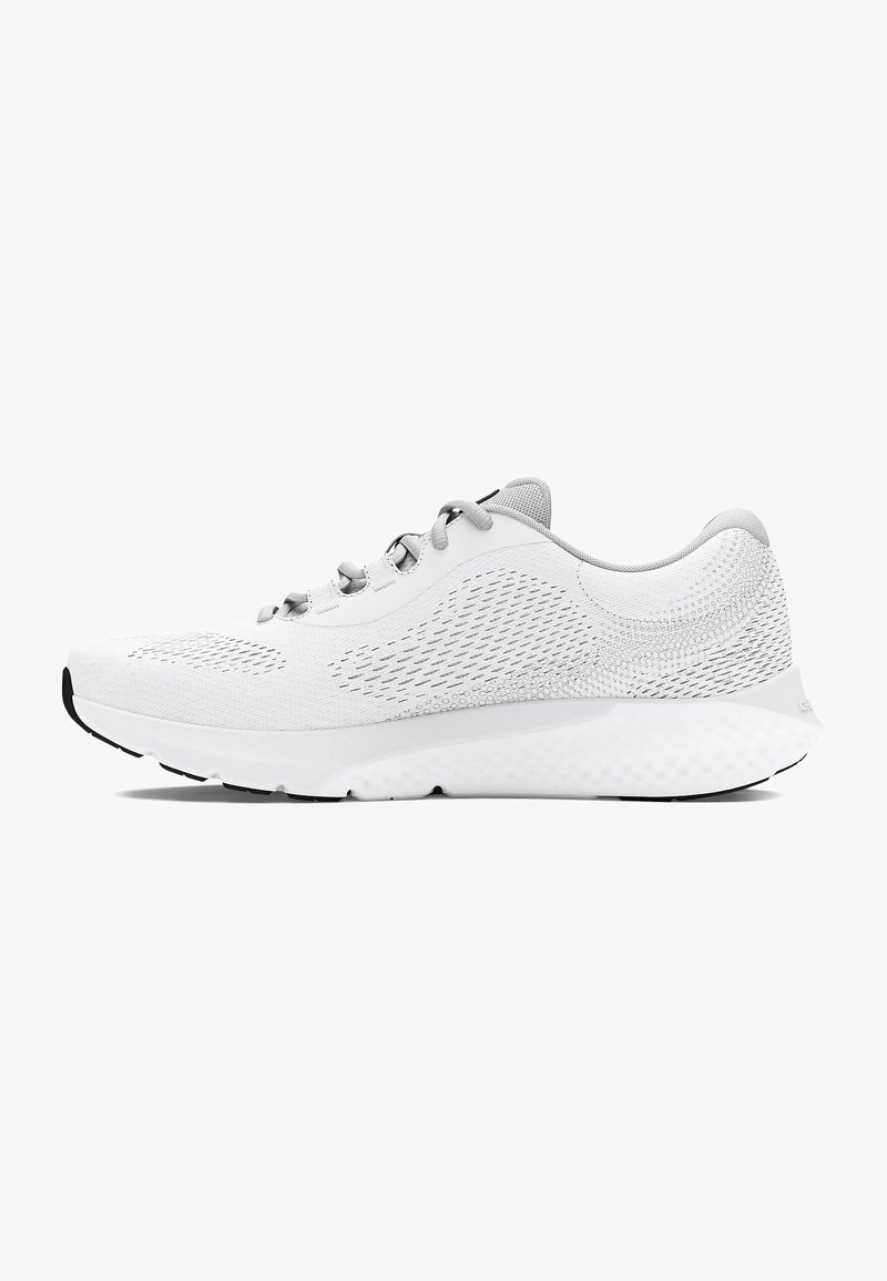 White athletic shoe with a breathable mesh upper, textured accents, and a cushioned sole. Features gray laces and a black rubber outsole.