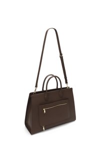 Brown leather tote bag with two handles and a detachable shoulder strap; features a front zippered pocket and textured surface.