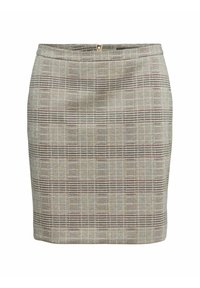 Falda lápiz a cuadros en beige con acentos en marrón y rojo, diseño estructurado, forma entallada, cierre con cremallera en la parte trasera y textura suave.