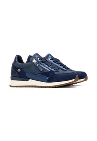 Zapatillas azul marino de materiales mixtos, incluyendo ante y malla, con un zipper lateral, acentos texturizados y una suela de goma blanca.