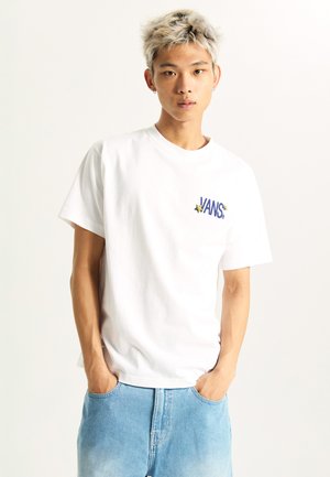 White cotton t-shirt featuring a blue "VANS" logo with a yellow star accent, short sleeves, and a classic crew neck design.