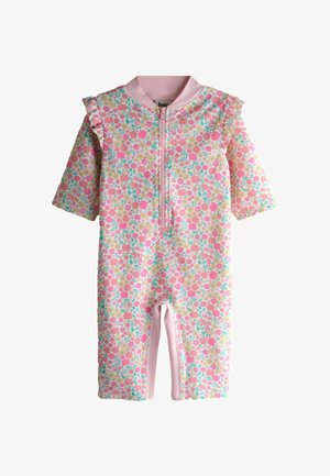 Roze meisjesjumpsuit met bloemenprint, korte mouwen, ritssluiting aan de voorkant, ruches op de schouders en lichtroze afwerking.