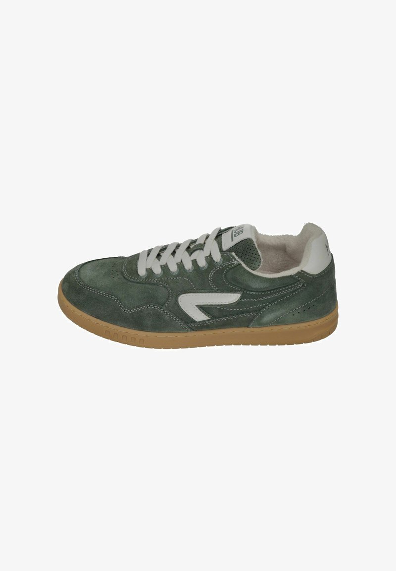 Green suede sneaker with white accents, round toe, lace-up front, padded collar, and a gum rubber sole. Perforated details on sides.