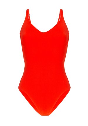 Lys rød heldragtbikini med tynde justerbare skulderstropper og en let buet halsudskæring, præsenteret på en hvid baggrund.