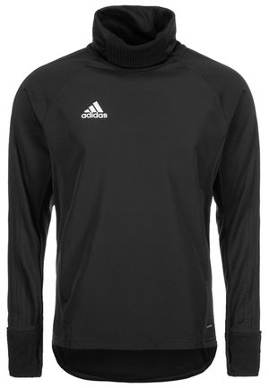 Haut de sport noir Adidas à manches longues avec un col roulé haut et un logo Adidas blanc sur la poitrine.
