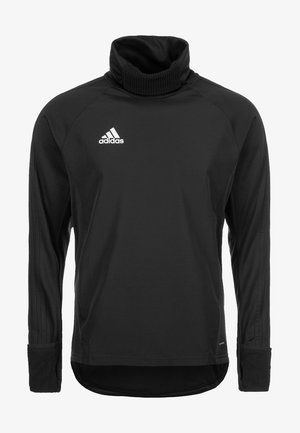 Czarny sportowy top Adidas z długim rękawem, wysokim golfem i białym logo Adidas na piersi.