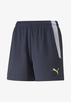 Shorts de sport navy avec taille élastique, dotés d'un panneau latéral en mesh et d'un logo réfléchissant vert lime sur le bas à gauche à l'avant.