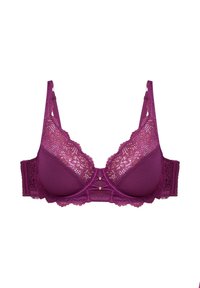 Fialová krajková a síťovaná podprsenka s nastavitelnými ramínky, kosticemi a květinovými vzory na košíčcích a obvodu.