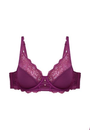 Lila Spitze und Netz-BH mit verstellbaren Trägern, Bügel-Cups und Blumenmustern auf den Cups und dem Band.