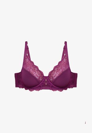 Lila Spitze und Netz-BH mit verstellbaren Trägern, Bügel-Cups und Blumenmustern auf den Cups und dem Band.
