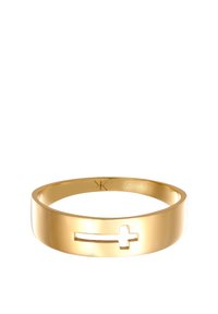 Gold ring with a smooth, glossy finish and a cut-out cross design feature. Rounded shape, minimalist style, and engraved markings inside.