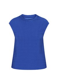 Blå elastisk topp med hög hals, korta ärmar och en rutmönstrad struktur. Slät tyg och en avspänd passform.