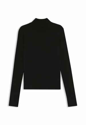 Black turtleneck sweater with long sleeves, made from a soft, ribbed fabric. Features a fitted silhouette and a high collar.