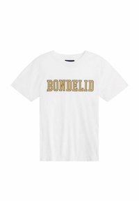 Vit bomullst-shirt med korta ärmar och rund halsringning, med ordet "BONDELID" i tjocka gula bokstäver över bröstet.