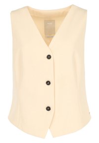 Krémová bezramenní vesta s výstřihem do V, třemi černými knoflíky, přiléhavým střihem a jemnými bočními rozparky pro pohodlný pohyb.