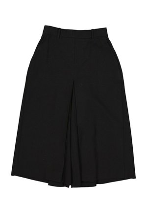 Czarne culottes o szerokich nogawkach z szlufkami na pasek, plisą z przodu i bocznymi kieszeniami, zaprojektowane na luźny i wygodny krój.