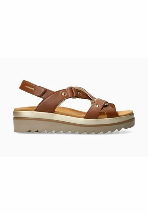 Sandale pour femmes en cuir marron avec des brides réglables, une semelle intérieure rembourrée et une semelle épaisse beige avec une bande de roulement en zigzag pour une meilleure adhérence.