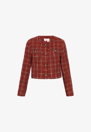 Red tweed crop jacket featuring a checked pattern, long sleeves, and metallic buttons. Textured fabric with blue and green accents.