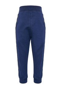 Marineblaue Baumwoll-Sweatpants mit elastischem Bund und Bündchen, ausgestattet mit Seitentaschen und kontrastierendem, gemustertem Seitentape.