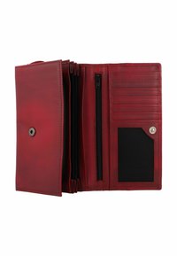 Rote Leder-Geldbörse mit mehreren Kartenfächern, Reißverschlussfächern und einem Druckknopfverschluss. Sie hat eine glatte Textur und ein kontrastierendes schwarzes Innenleben.