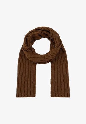 Brązowy szal żeberkowy wykonany z materialu dzianinowego. Charakteryzuje się miękką teksturą, jednolitym wzorem w paski oraz surowymi krawędziami.