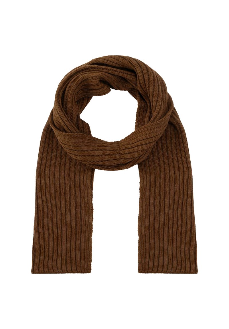 Brązowy szal żeberkowy wykonany z materialu dzianinowego. Charakteryzuje się miękką teksturą, jednolitym wzorem w paski oraz surowymi krawędziami.