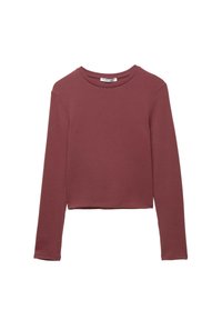 Bordeauxrotes Langarmoberteil aus weichem Stoff. Verfügt über einen Rundhalsausschnitt und einen verkürzten Saum, mit minimalen Nahtdetails.