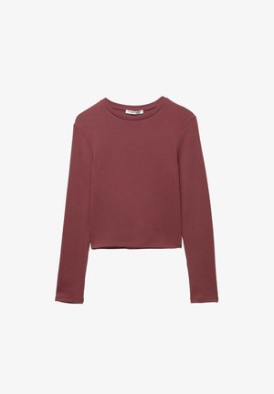 Bordová dlhá rukávová blúzka vyrobená z jemnej látky. Má okrúhly výstrih a skrátený lem, s minimálnymi švovými detailmi.