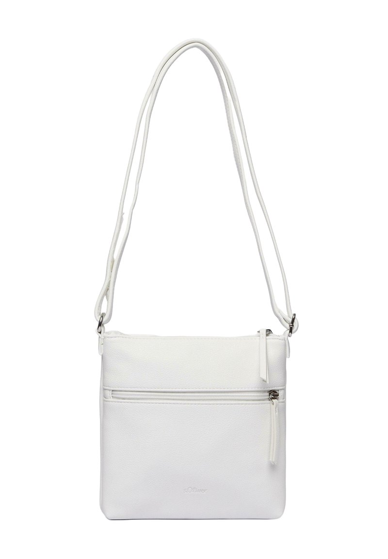Borsa a tracolla bianca realizzata in materiale testurizzato, con tasca frontale con zip, cinturini regolabili e un design minimalista.