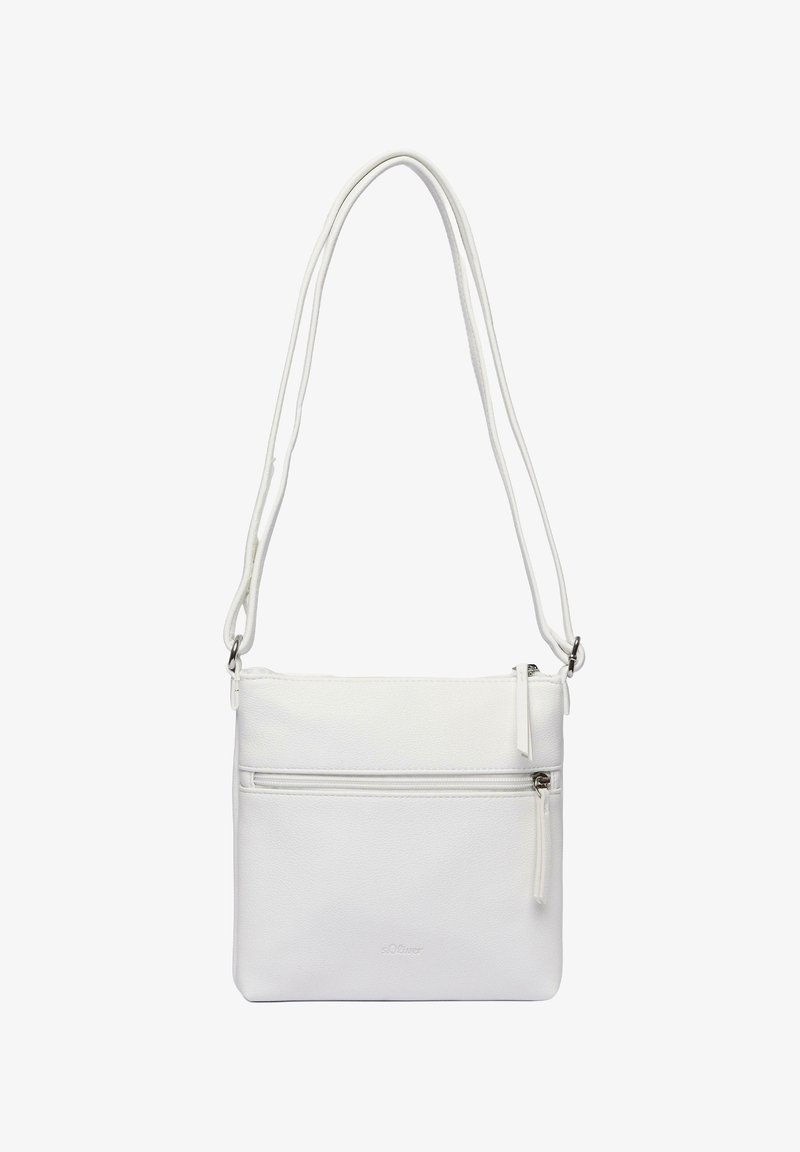 Borsa a tracolla bianca realizzata in materiale testurizzato, con tasca frontale con zip, cinturini regolabili e un design minimalista.