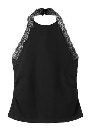 Haut noir sans manches à col licou avec bordure en dentelle festonnée le long du col et des emmanchures, avec une petite fermeture à bouton dans le dos.