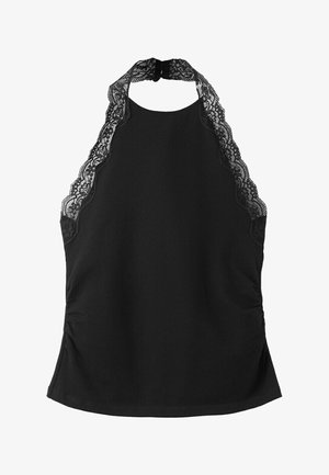 Haut noir sans manches à col licou avec bordure en dentelle festonnée le long du col et des emmanchures, avec une petite fermeture à bouton dans le dos.