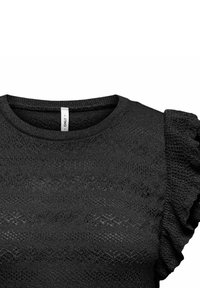 Maglia nera a maglia con scollatura rotonda e maniche corte a volant, caratterizzata da un motivo texture su tutta la superficie. Etichetta visibile sul collo.