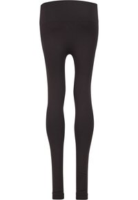 Leggings noirs extensibles avec une taille haute, texture lisse et design ajusté, adaptés pour un usage décontracté ou sportif.