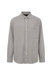 Long-sleeve gray button-up shirt made of lightweight fabric, featuring a chest pocket and a classic collar with a smooth texture.