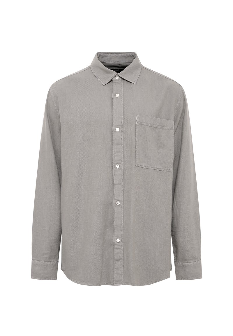 Long-sleeve gray button-up shirt made of lightweight fabric, featuring a chest pocket and a classic collar with a smooth texture.
