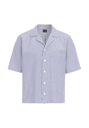 Korte mouwen, overhemd met kraag van lichtgewicht stof, met verticale blauw-witte strepen, een enkele borstzak en knopen aan de voorkant.