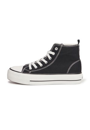 Black high-top sneakers made of canvas, featuring white eyelets, laces, and stitching, with a textured rubber sole and toe cap.